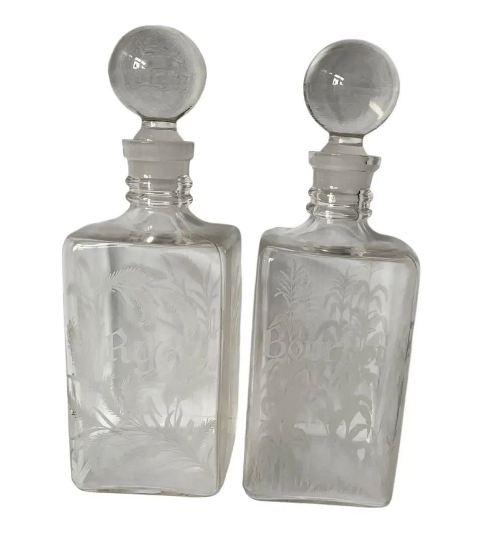 2 Vintage Etched Glass Decanters Thistle Rye Bourbon Bar BOTTLES STOPPERS SET